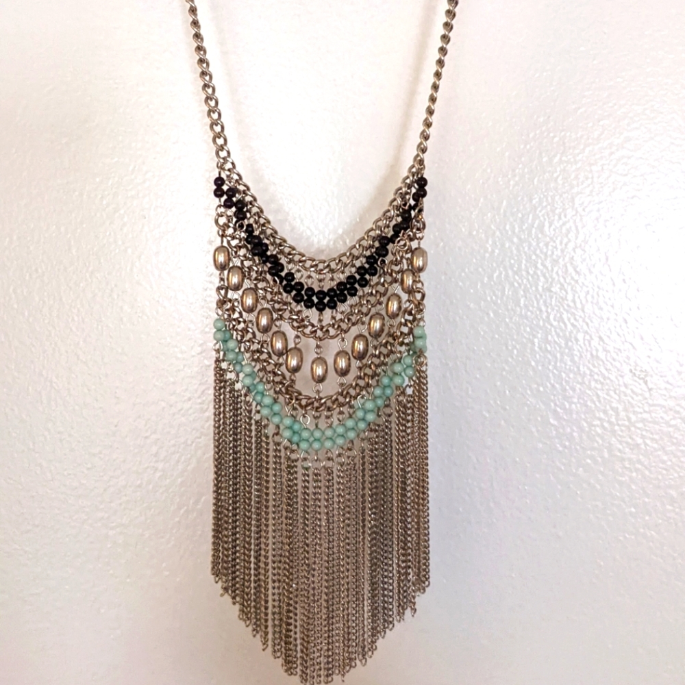 Rope chain tassle necklace with turquoise and black beads